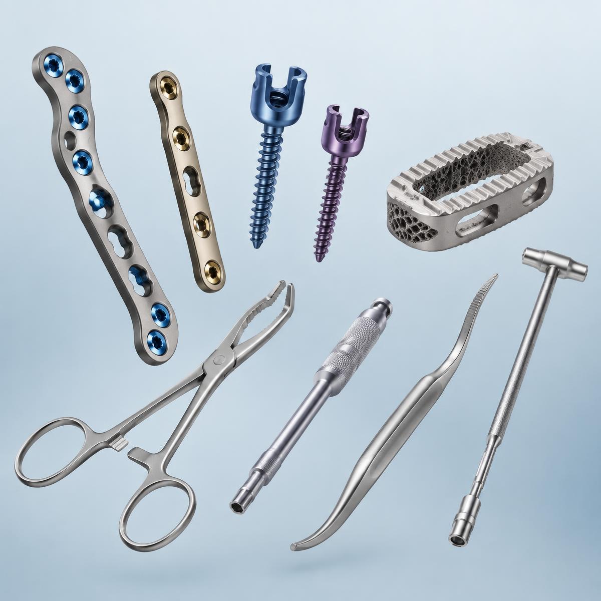 Placas, tornillos pediculares, caja intersomática e instrumental quirúrgico